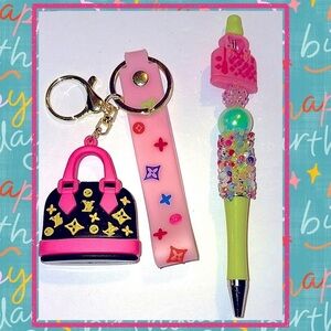 🆕 DIY Pink and Green Bag Charm Keychain and Pen Set